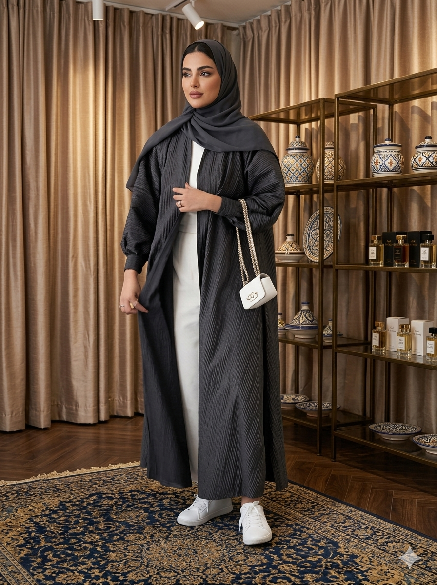 Pleated Open Abaya with Balloon Sleeves